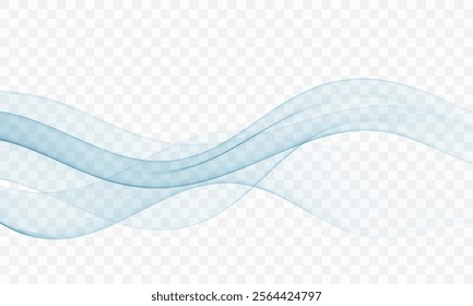 Blue transparent smoky stream of abstract wave on transparent background, design element.
