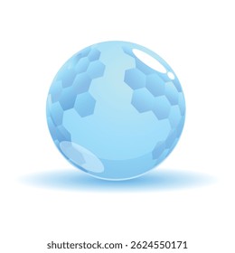 La esfera transparente azul está de pie sobre un fondo blanco, con un patrón hexagonal