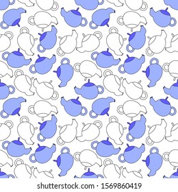 Blue and transparent teapots. Seamless pattern. Transparent background. Vector graphics.