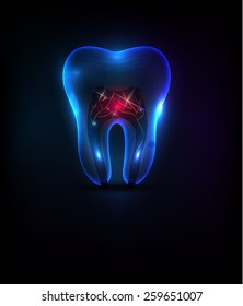 Diente azul transparente con ilustración de raíces rojas, diseño brillante y brillante en un fondo oscuro 