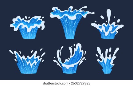 Blue transparent water splashes. Water splashes, aqua liquid drops, flows and waves flat vector illustration set. Clean water splash collection