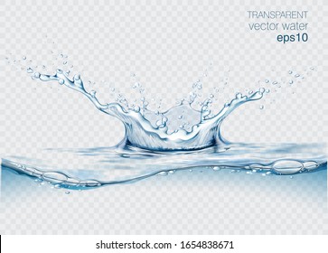 Blue transparent water splashes and drops. Realistic isolated vector illustration 