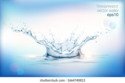 Blue transparent water splashes and drops. Realistic isolated vector illustration 