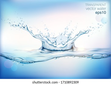 Blue transparent water splashes and drops. Realistic isolated vector illustration 