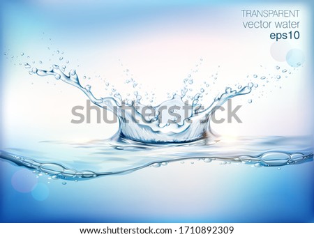 Blue transparent water splashes and drops. Realistic isolated vector illustration 