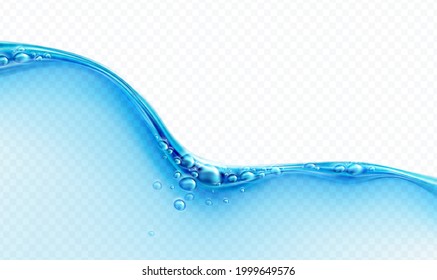 Blue Transparent Water Wave Splash With Bubbles Isolated On White Background. Real Transparent Water Effect. Vector Illustration EPS10