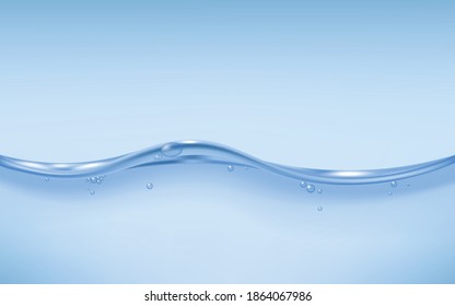 Blue transparent water wave template at background of blue sky, realistic vector illustration. Waving and splashing water surface realistic mockup background.