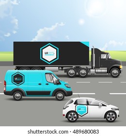 Blue transport advertising design with central geometric element. Templates of the truck, bus and passenger car. Corporate identity