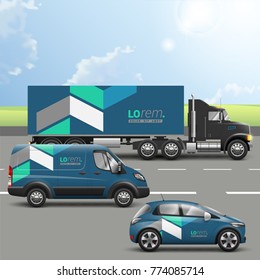 Blue transport advertising design with geometric elements. Templates of the truck, bus and passenger car. Corporate identity