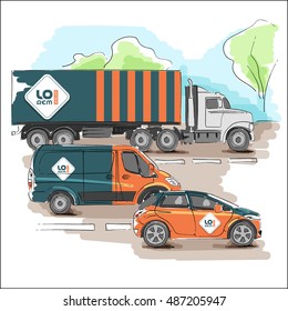 Blue transport advertising design with vertical orange lines. Templates of the truck, bus and passenger car. Corporate identity sketch in a drawing style
