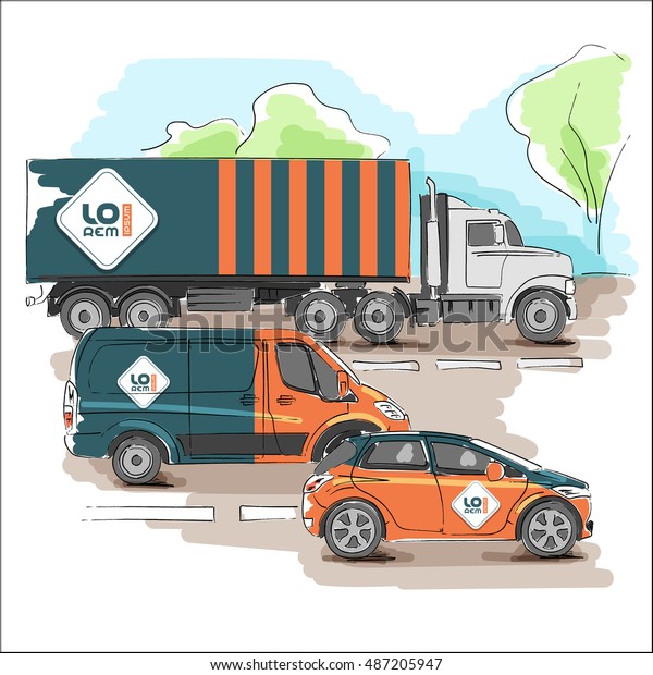 Blue transport advertising design with\
vertical orange lines. Templates of the truck, bus and passenger\
car. Corporate identity sketch in a drawing\
style
