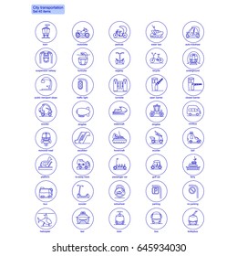 Blue transportation web icons set with ground air and water vehicles in circles isolated vector illustration