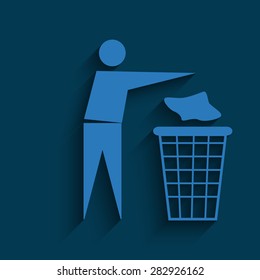 blue Trash bin or trash can with human figure symbol in vector with shadow on a blue background
