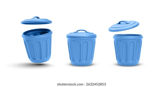 Blue Trash Bin With Lid In Different Positions. Minimal 3D Waste Container For Garbage Sorting, Recycling Concepts And Clean Environment Design Projects. Vector Illustration