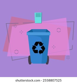 Blue trash bin and sheet of paper. Container for paper waste with recycling sign and wheels. Vector illustration can be used for topics like waste sorting, garbage, ecology