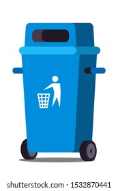 Blue trash can flat vector illustration. Street plastic waste bin isolated clipart on white background. Garbage collection. Dumpster on wheels. Recycling dustbin, urban trash receptacle