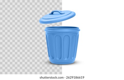 Blue Trash Can With Floating Lid in Clean 3D Cartoon Style. Ideal for Waste, Garbage, or Clean-Up Concepts in Apps or Infographics. Transparent and White Background. Vector Illustration. - Powered by Shutterstock - Get 15% off with code: PIKWIZARD15