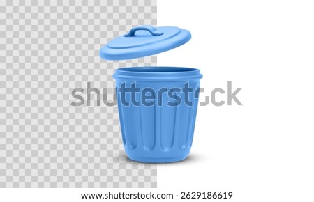 Blue Trash Can With Floating Lid in Clean 3D Cartoon Style. Ideal for Waste, Garbage, or Clean-Up Concepts in Apps or Infographics. Transparent and White Background. Vector Illustration.