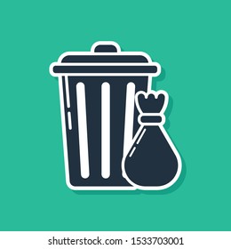 Blue Trash can and garbage bag icon isolated on green background. Garbage bin sign. Recycle basket icon. Office trash icon.  Vector Illustration
