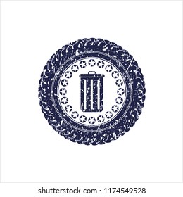 Blue trash can icon inside rubber stamp with grunge texture