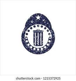 Blue trash can icon inside distressed grunge seal