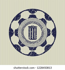 Blue trash can icon inside distressed rubber seal with grunge texture