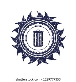 Blue trash can icon inside distress rubber grunge texture seal