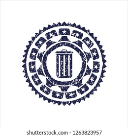 Blue trash can icon inside grunge seal