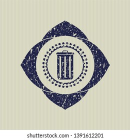 Blue trash can icon inside distress grunge style stamp