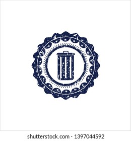 Blue trash can icon inside distressed rubber stamp with grunge texture