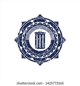 Blue trash can icon inside rubber grunge stamp
