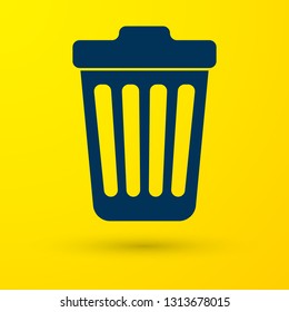 Blue Trash can icon isolated on yellow background. Garbage bin sign. Vector Illustration