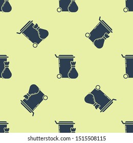 Blue Trash can icon isolated seamless pattern on yellow background. Garbage bin sign. Recycle basket icon. Office trash icon.  Vector Illustration