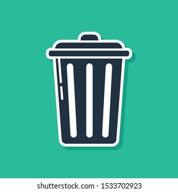 Blue Trash can icon isolated on green background. Garbage bin sign. Recycle basket icon. Office trash icon.  Vector Illustration