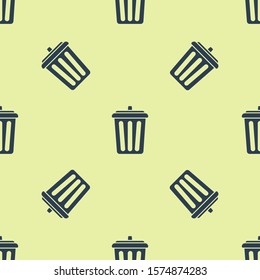 Blue Trash can icon isolated seamless pattern on yellow background. Garbage bin sign. Recycle basket icon. Office trash icon.  Vector Illustration