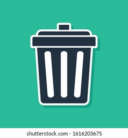 Blue Trash can icon isolated on green background. Garbage bin sign. Recycle basket icon. Office trash icon.  Vector Illustration