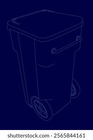 Blue trash can with a lid and wheels. The lid is open and the trash can is empty