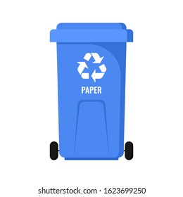 Blue trash can on wheels for separate sorting of paper waste, Zero waste concept stock vector illustration on a white background. 