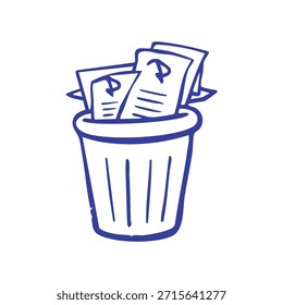 A blue trash can overflowing with papers, simple illustration