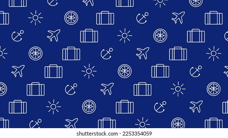 blue travel background with airplane, suitcase and compass