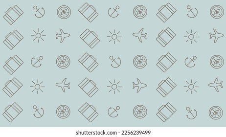 Blue travel background with airplane, suitcase and compass