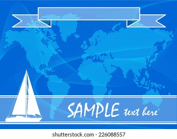 Blue travel background with yacht. Vector illustration. 