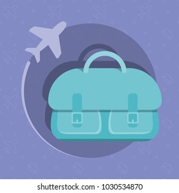A blue travel bag on a purple background. Cyan luggage with an airplane. Vector illustration.