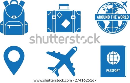 Blue travel including backpack suitcase airplane passport white