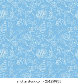 Blue travel pattern | Decorative seamless vector background with vacation symbols
