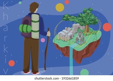 Blue travel postcard in small prince style of a tourist standing on the Milky Way surrounded by stars and planets looking at the flying island with Kharkiv (Ukraine) attractions on it