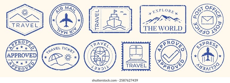 Blue travel stamps with airplane, ship, and mountain designs. Travel, explore, and approved stamps. Air mail and express delivery themes. Blue travel stamps, vector set.