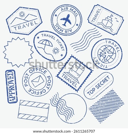 Blue travel stamps with airplane, ship, and travel ticket designs. Travel stamps for travel enthusiasts. Travel-themed stamps for lovers. Blue stamps, vector set.