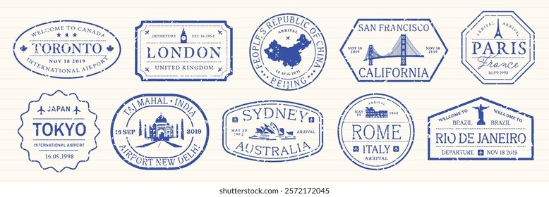 Blue travel stamps with city names: Toronto, London, Beijing, San Francisco, Paris, Tokyo, Sydney, Rome, Rio de Janeiro. Vintage travel stamp design. Blue travel stamps, vector set.