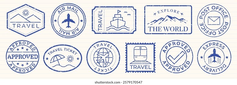 Blue travel stamps featuring airplanes, ships, and travel icons. Travel-themed stamps include air mail, express delivery, and approved travel designs. Blue travel stamps, vector set.